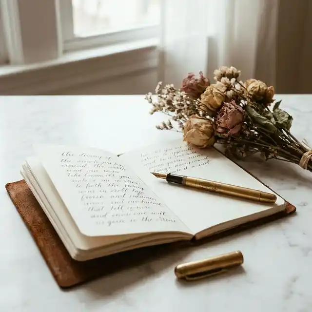 Cuaderno con lista de invitados manuscrita junto a un bolígrafo dorado y flores secas