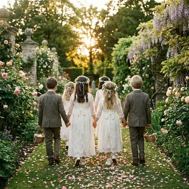 Niños de arras caminando de espaldas por un jardín de bodas con flores y pétalos