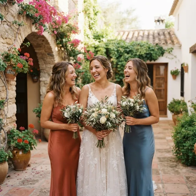 Una novia y dos damas de honor ríen juntas en un patio mediterráneo con flores y luz natural de tarde.