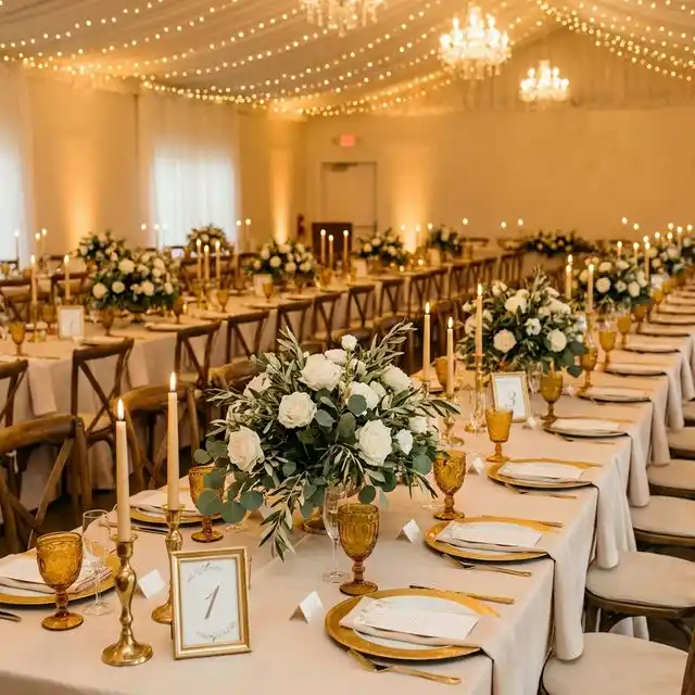 Mesas de banquete de boda con números, flores blancas y copas doradas