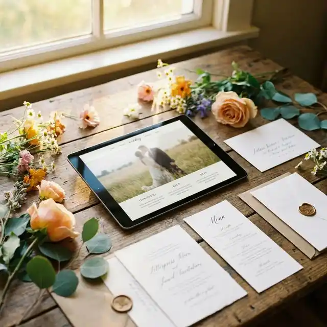 Tablet mostrando una web de boda elegante rodeada de flores y papelería sobre mesa de madera
