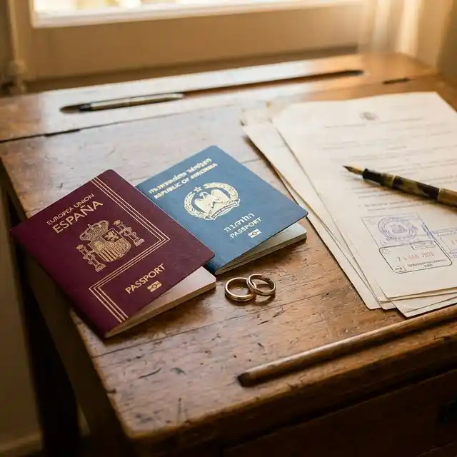Dos pasaportes de diferentes nacionalidades junto a anillos de boda