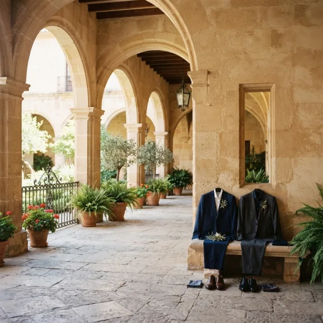 Dos trajes de novio, uno azul y otro gris, reposan sobre un banco de piedra en un patio español con arcos y plantas verdes.