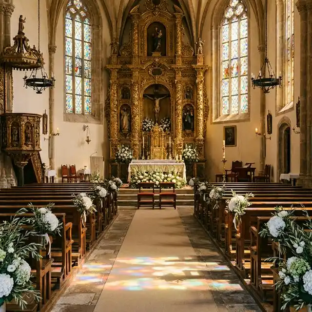 Interior de una iglesia española preparada para una boda religiosa