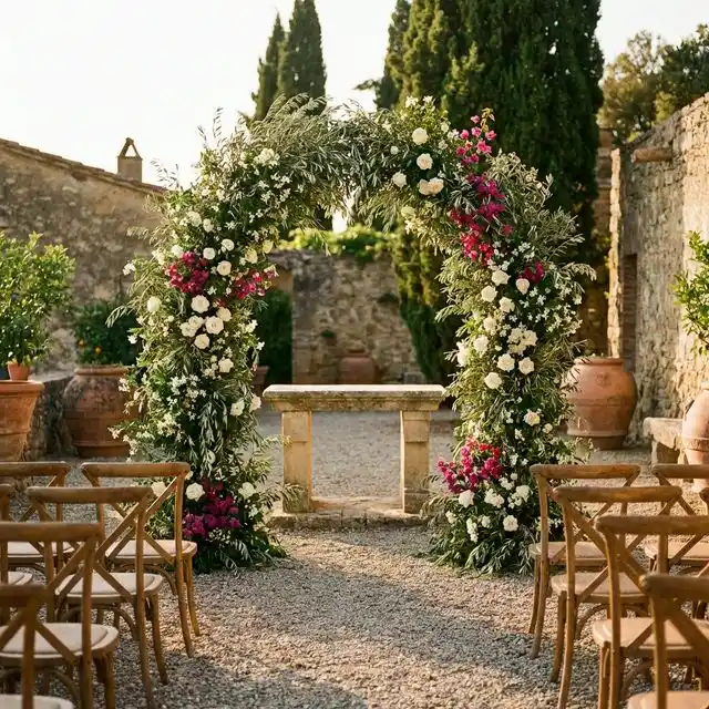 Ceremonia simbólica al aire libre con arco floral en jardín mediterráneo