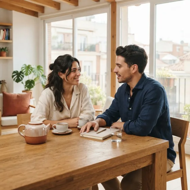 Una pareja joven conversa tranquilamente sentada a una mesa de madera en un salón luminoso y moderno de estilo mediterráneo.