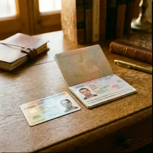 DNI español y pasaporte abierto sobre un escritorio
