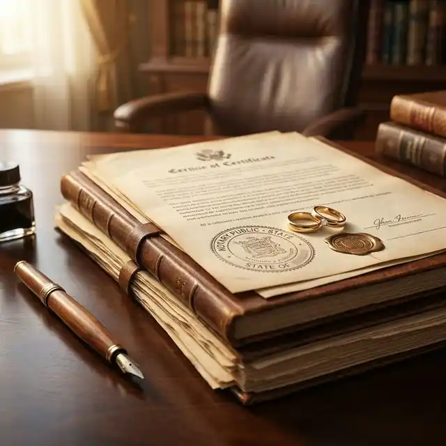 Documentos legales apilados con sello oficial y anillos de boda