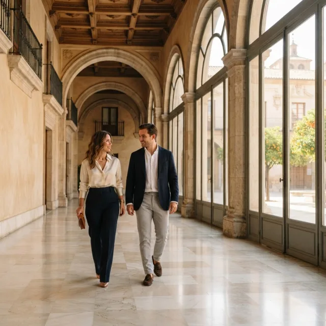 Una pareja camina conversando por un pasillo amplio y luminoso de un edificio histórico español con suelos de mármol.
