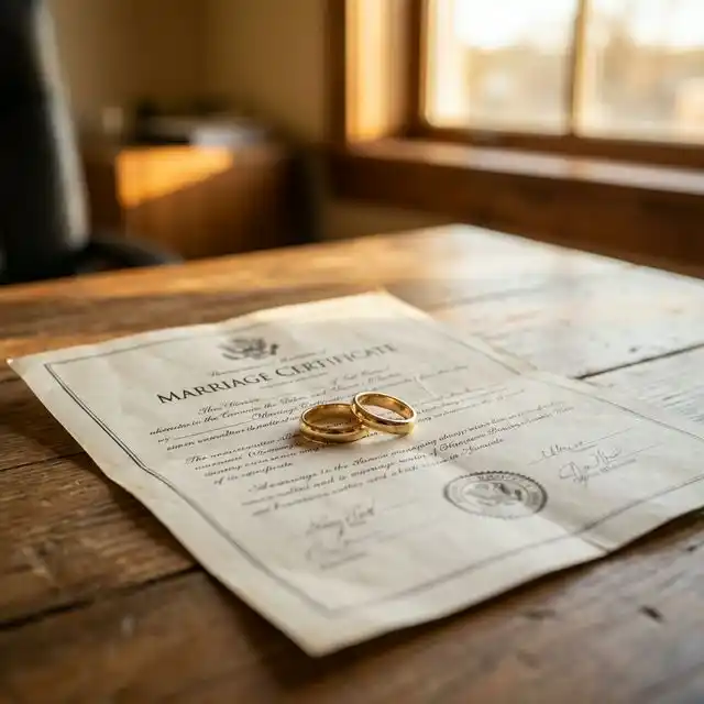 Anillos de boda sobre un certificado de matrimonio