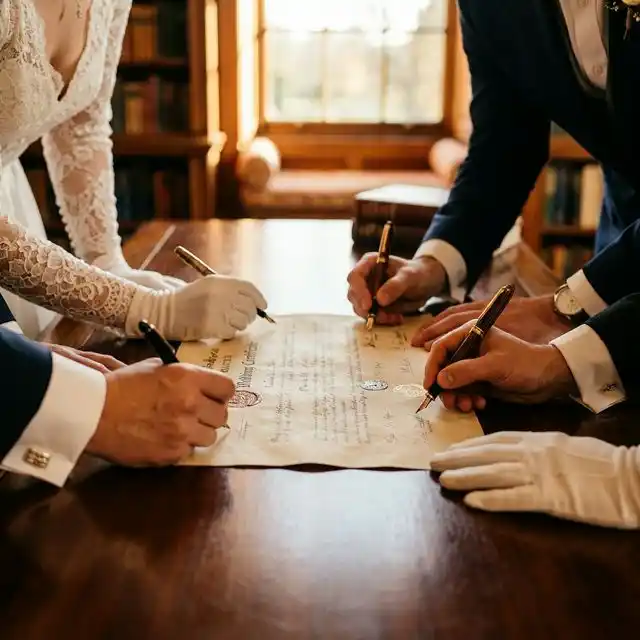 Grupo de personas firmando un acta de matrimonio como testigos de boda