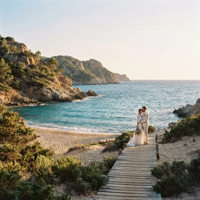 Una pareja vestida de boda contempla el mar desde una pasarela de madera en una playa virgen española al atardecer.