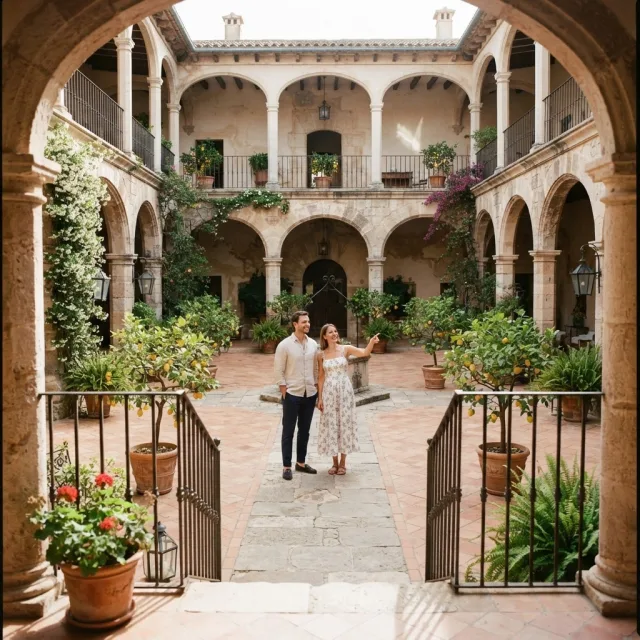 Una pareja joven visita el patio de una finca tradicional española con arcos de piedra y naranjos bajo la luz del sol.