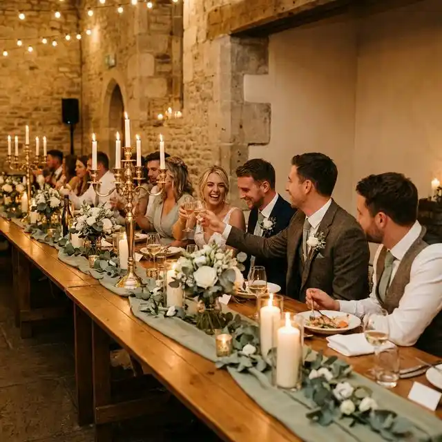 Mesa elegante de boda iluminada con velas durante la cena