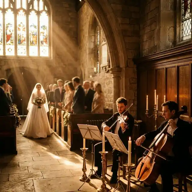 Cuarteto de cuerda tocando en una ceremonia de boda al aire libre