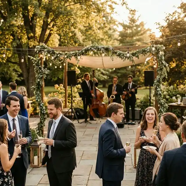 Invitados disfrutando del cocktail de boda con música de fondo
