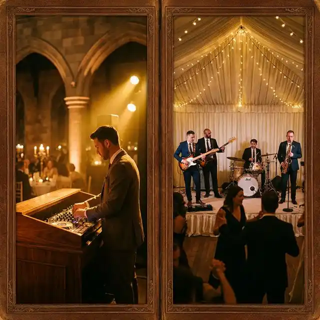 DJ y grupo de música en vivo actuando en una boda