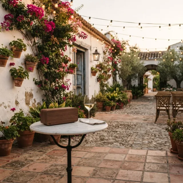 Un altavoz de madera minimalista y una copa de vino sobre una mesa de mármol en un patio español con buganvillas al atardecer.