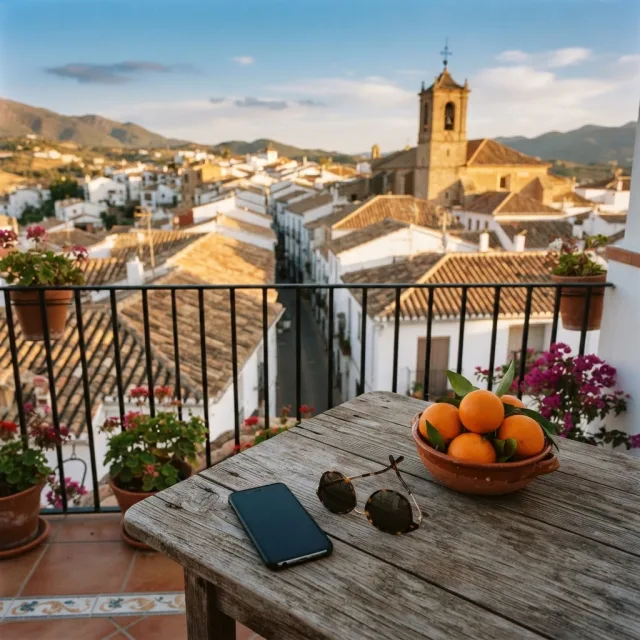 Vista desde un balcón soleado hacia un pueblo español con tejados de terracota, con unas gafas de sol y fruta sobre una mesa de madera.