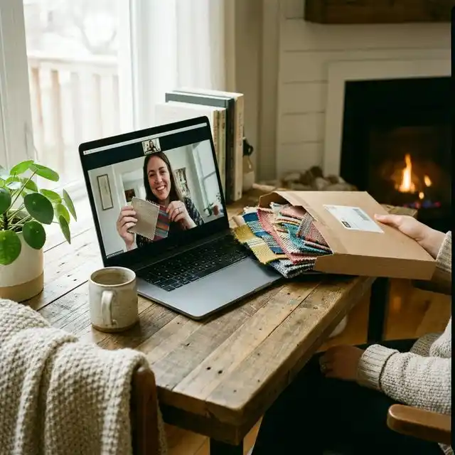 Laptop con videollamada y muestras de tela por correo