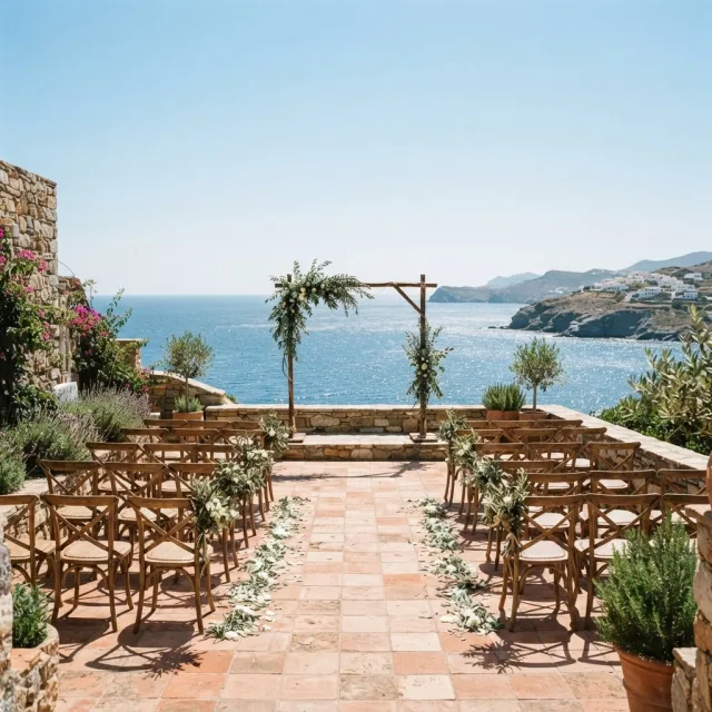 Terraza mediterránea con suelo de barro y un arco de olivo frente al mar, preparada para una ceremonia civil íntima y sencilla.