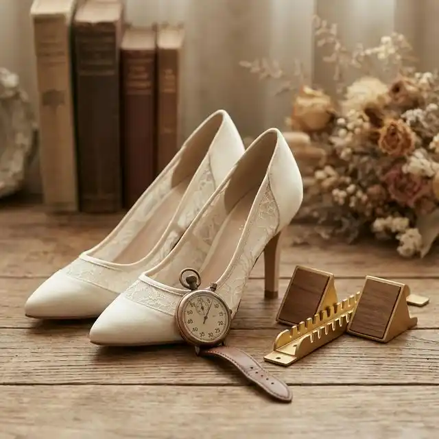 Zapatos de novia junto a cronómetro elegante
