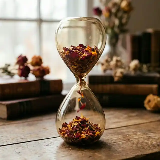 Reloj de arena con pétalos de flores cayendo