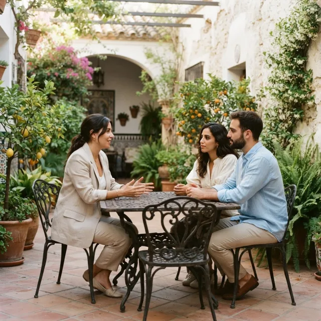 Una pareja y una profesional conversan sentadas a una mesa en un patio andaluz con plantas y luz natural.