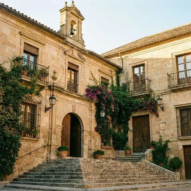 Fachada de ayuntamiento español con escaleras