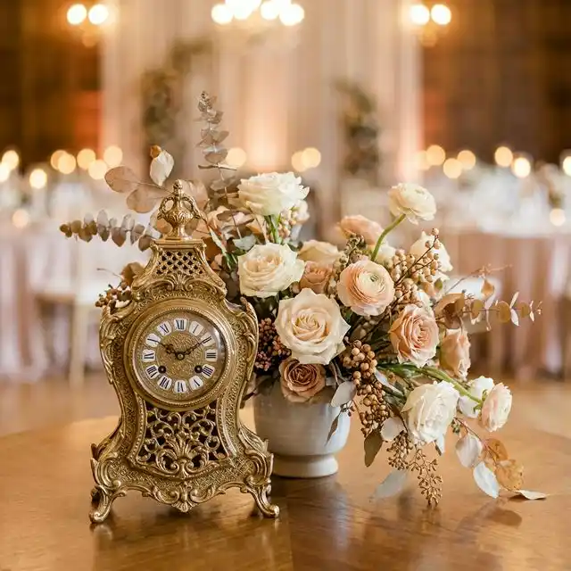 Reloj dorado elegante junto a flores de boda