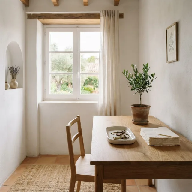 Un rincón de despacho luminoso con una mesa de madera, un pequeño olivo en maceta de barro y llaves, representando el inicio de una vida en común.