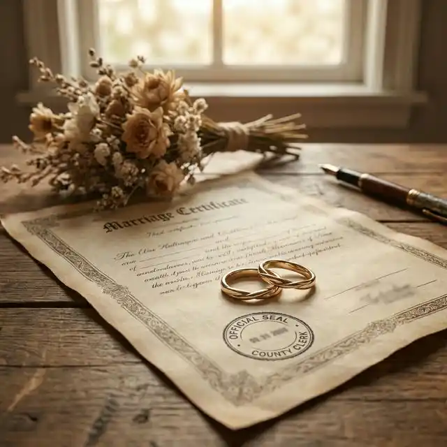 Certificado de matrimonio con anillos y sello oficial