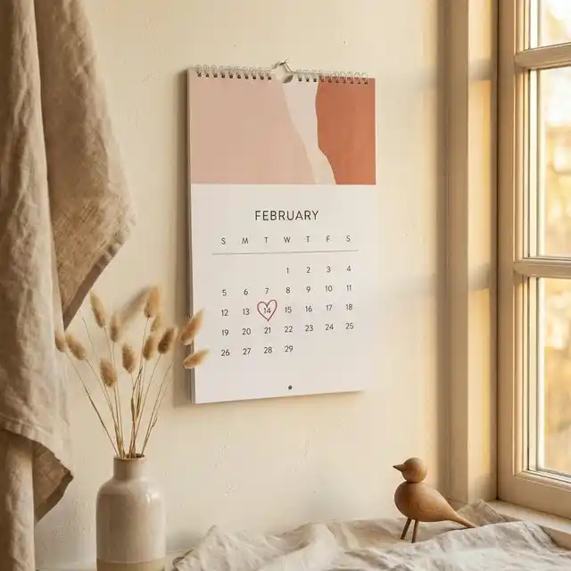 Calendario de pared con fecha marcada con un corazón