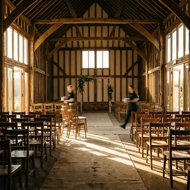 Espacio de boda vacío con sillas preparándose