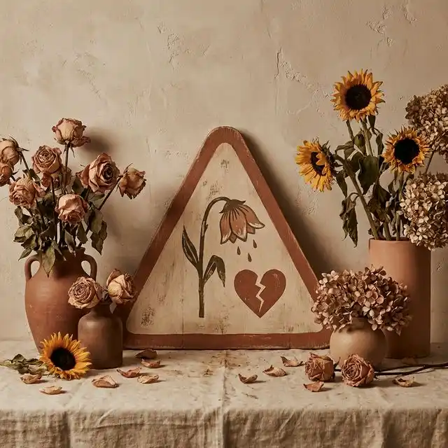 Señal de alerta estilizada con flores marchitas