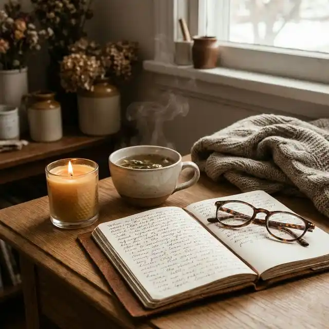 Taza de té, vela encendida y cuaderno con escritura relajada