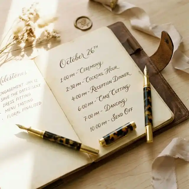 Agenda abierta con timeline de boda manuscrito y bolígrafo dorado