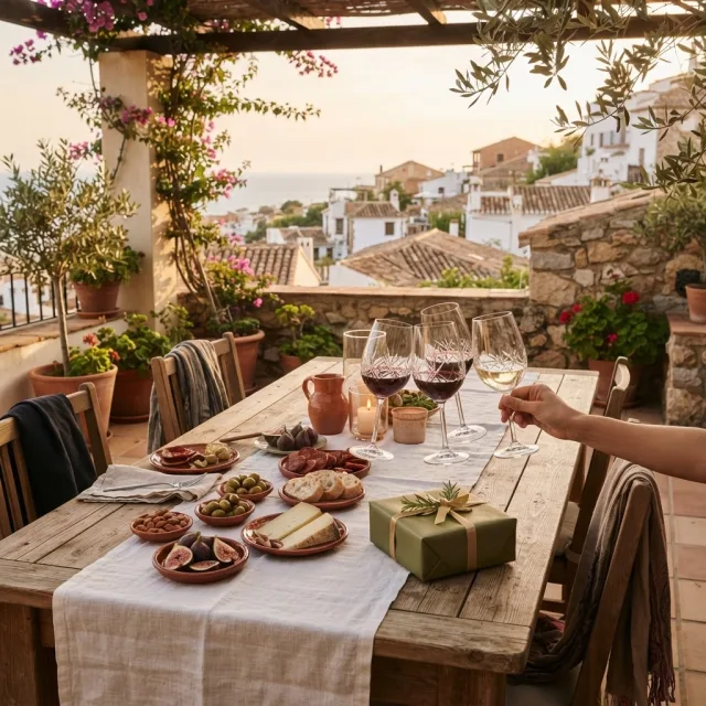 Mesa rústica con aperitivos, copas de vino y un regalo en una terraza con vistas a un pueblo mediterráneo bajo la luz del atardecer.