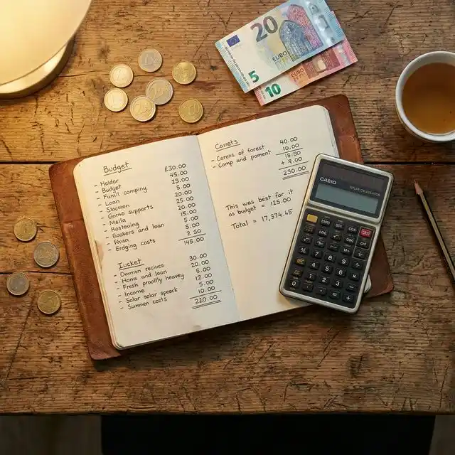 Calculadora, cuaderno con números y monedas sobre mesa de madera