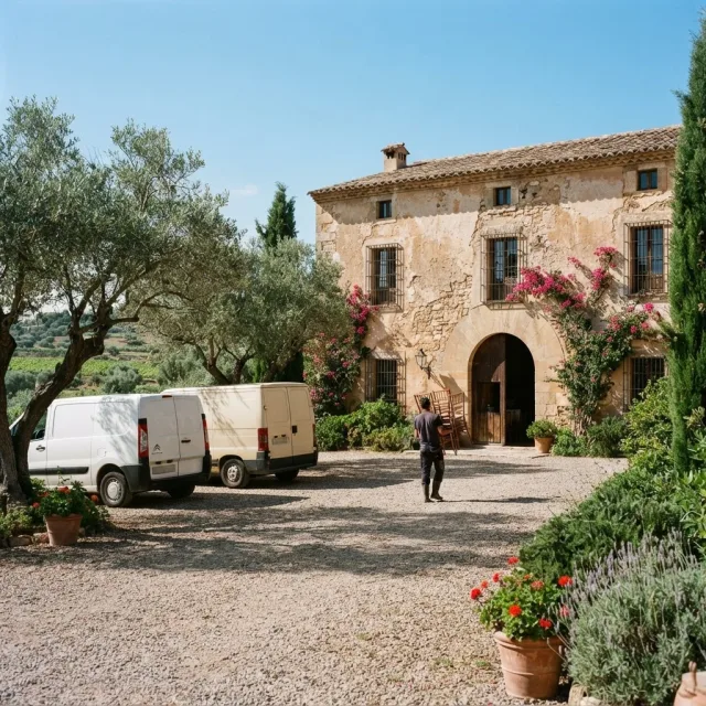 Dos furgonetas de proveedores aparcadas ante una finca tradicional española mientras un operario lleva sillas para una boda.