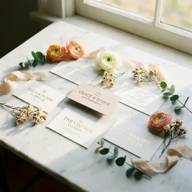 Tarjetas de visita de proveedores de boda sobre mármol
