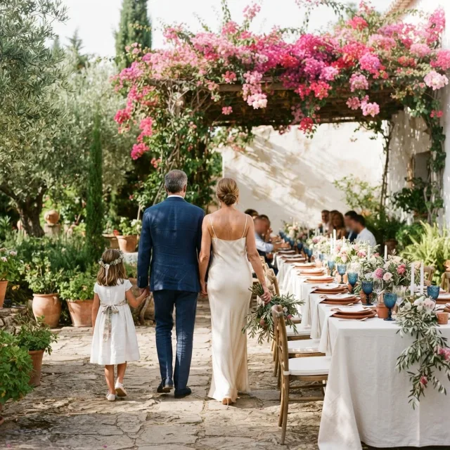 Una pareja y una niña de espaldas caminan hacia una mesa de boda decorada bajo buganvillas rosas en un jardín español.