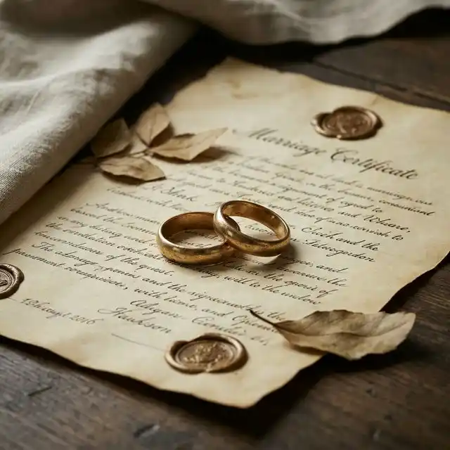 Dos anillos sobre documento, tonos elegantes y maduros