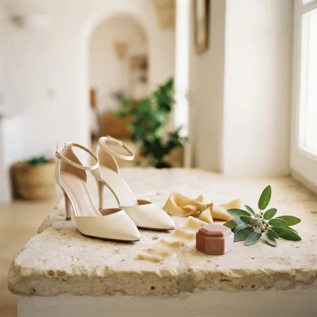 Zapatos de novia color crema junto a una cinta de seda dorada y una ramita de salvia sobre una superficie de piedra clara con luz natural.