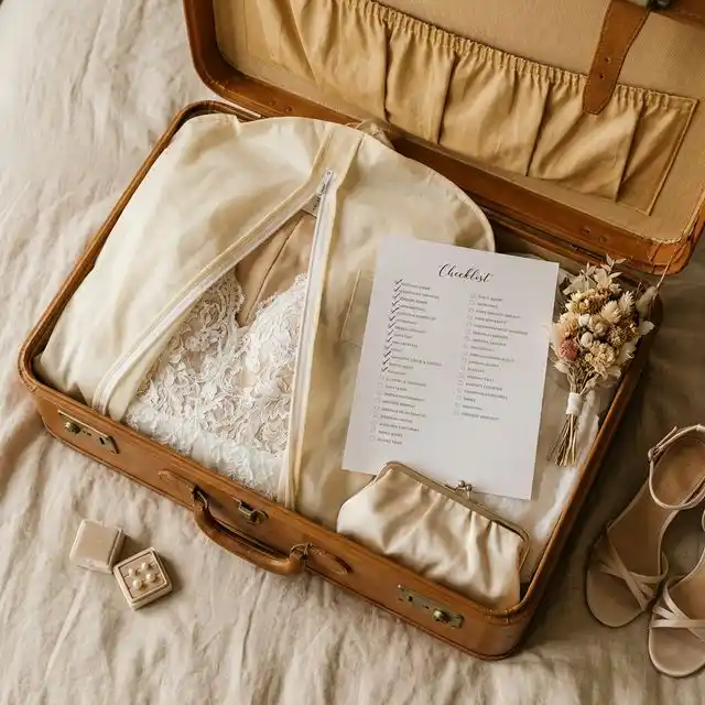 Maleta abierta con vestido de novia y checklist