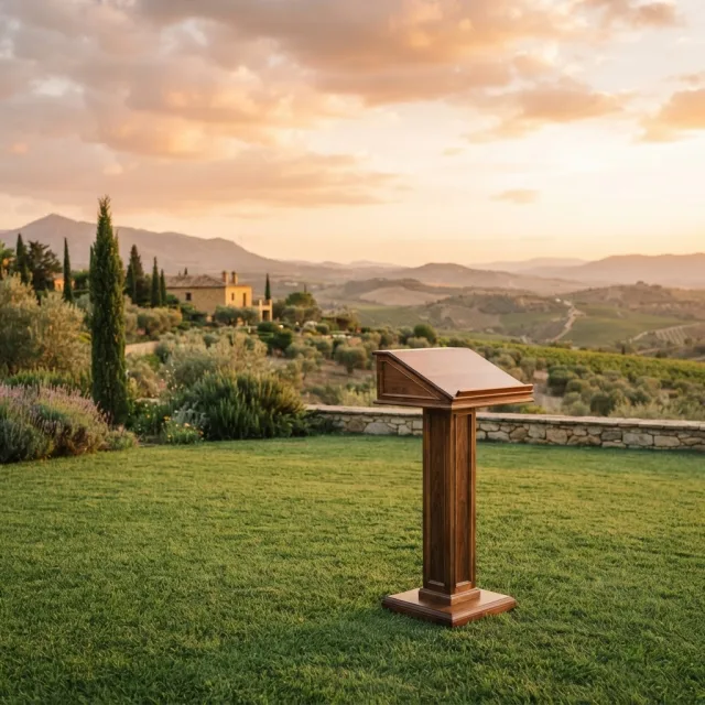 Un atril de madera elegante en un jardín español al atardecer, con campos de olivos al fondo bajo una luz cálida y natural.