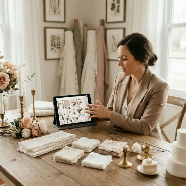 Wedding planner profesional con tablet y muestras de decoración