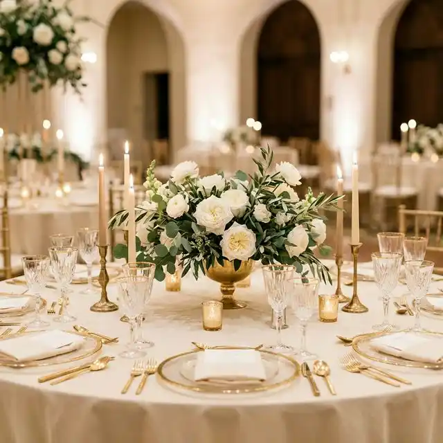 Mesa elegante de boda con centros de mesa florales, velas y copas de cristal