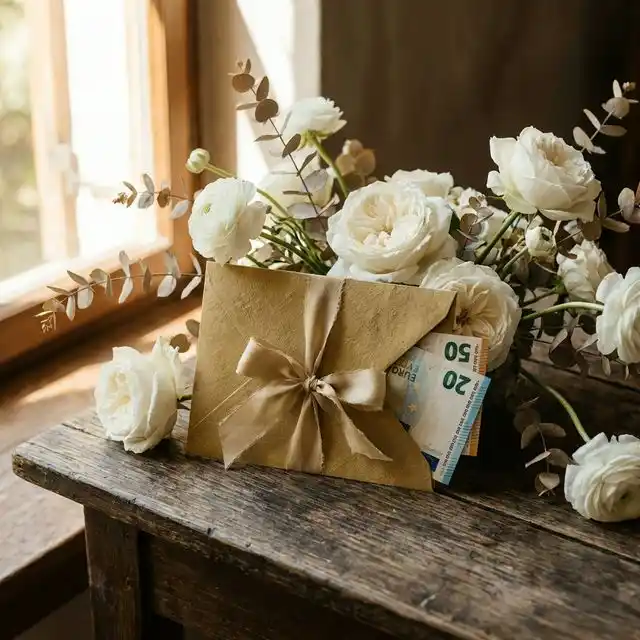 Sobre dorado con billetes junto a flores blancas sobre mesa rústica