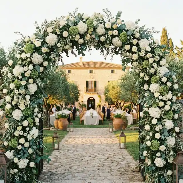 Finca de bodas española vista desde la entrada con arco floral blanco y verde al atardecer